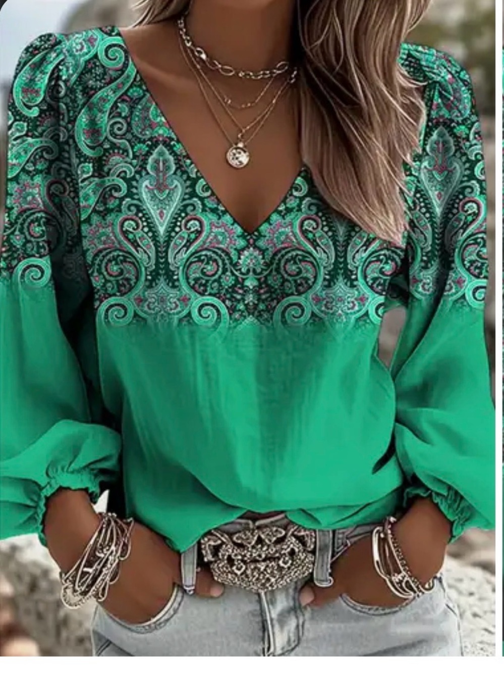 Paisley V-Neck Peasant Blouse - Green